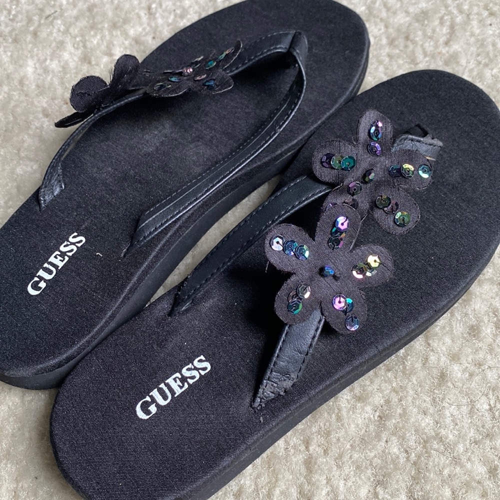 Black sequin floral flip flops
